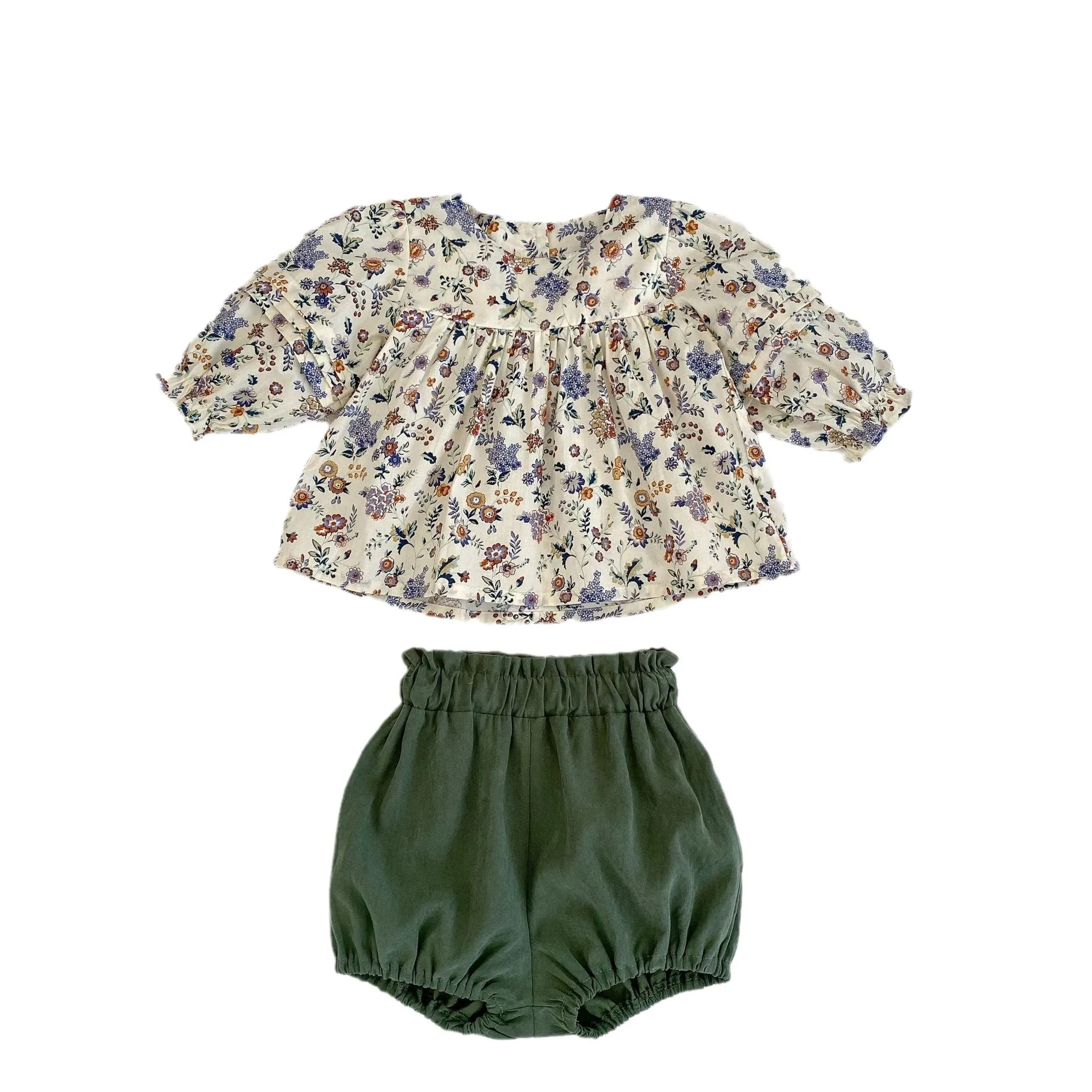 2 Pieces Set Baby Kid Girls Flower Print Tops And Solid Color Shorts Wholesale 23082872