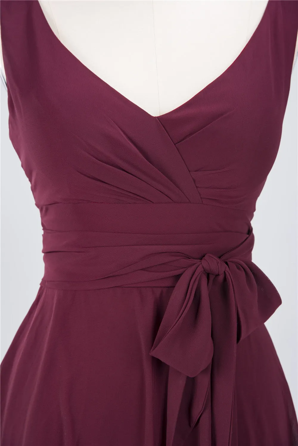 A-Line Chiffon Straps V-Neck Short Bridesmaid Dress with Bow Sash