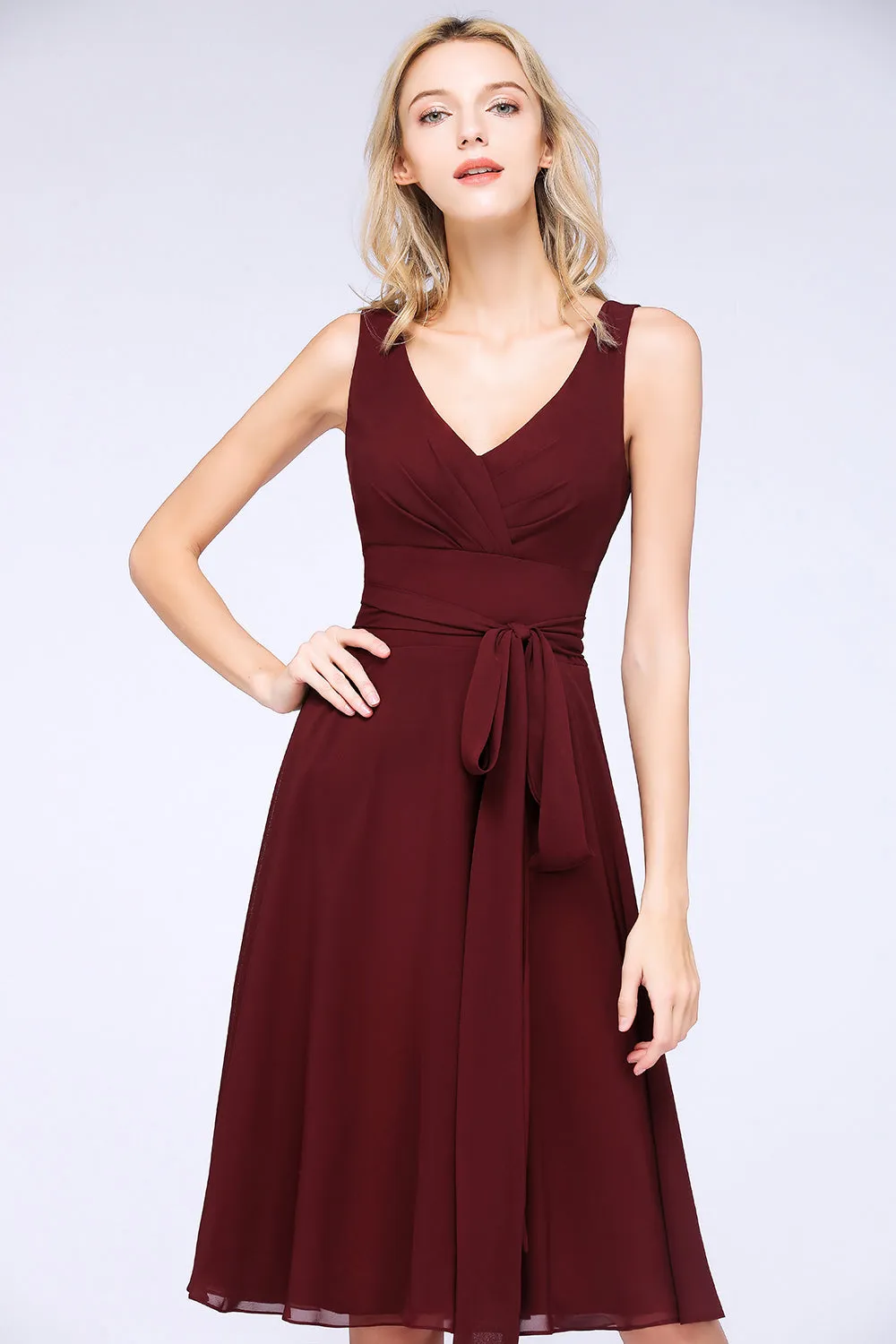 A-Line Chiffon Straps V-Neck Short Bridesmaid Dress with Bow Sash