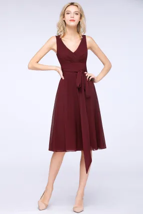 A-Line Chiffon Straps V-Neck Short Bridesmaid Dress with Bow Sash