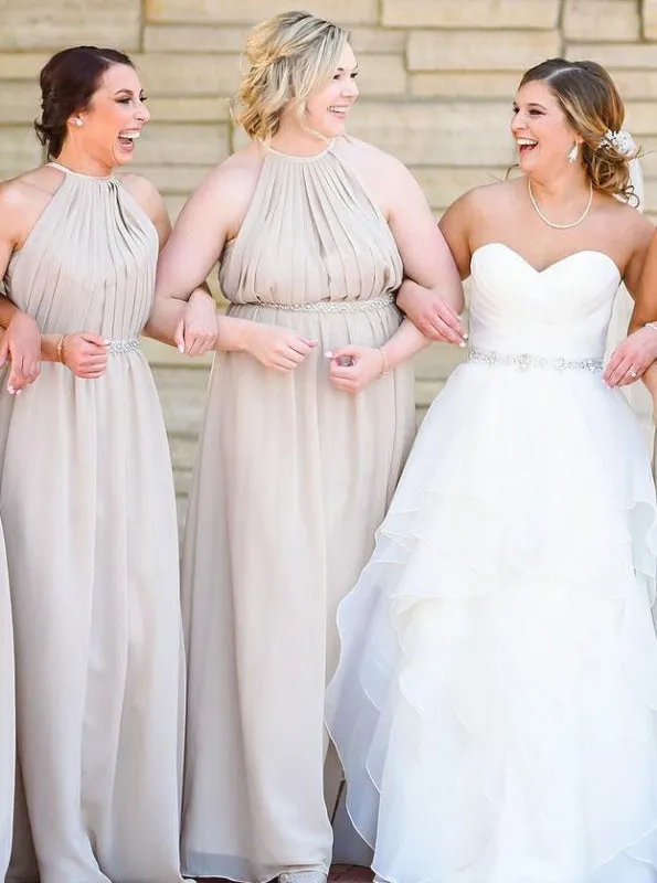 A-Line Halter Pleats Grey Chiffon Bridesmaid Dress