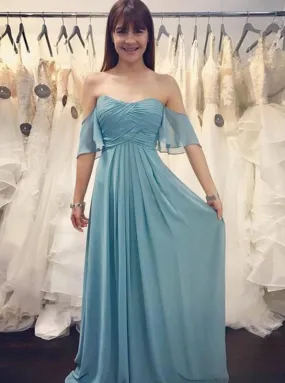 A-Line Off-the-Should Ruched Blue Chiffon Bridesmaid Dress