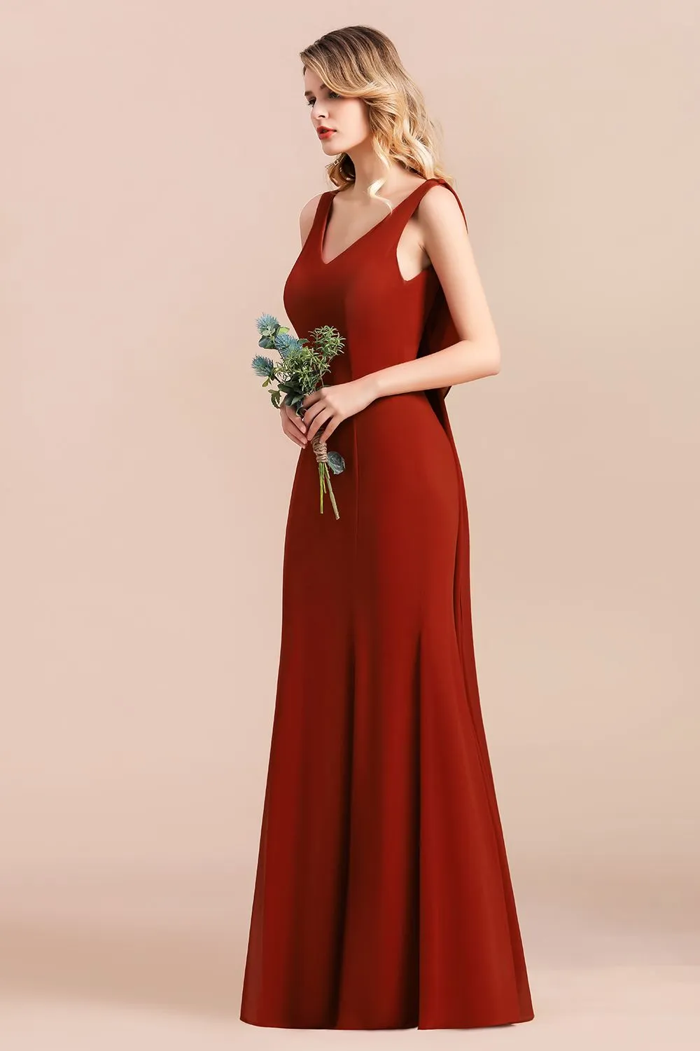 A-Line V-neck Backless Wedding Party Dress Wide Straps Chiffon Bridesmaid Dress