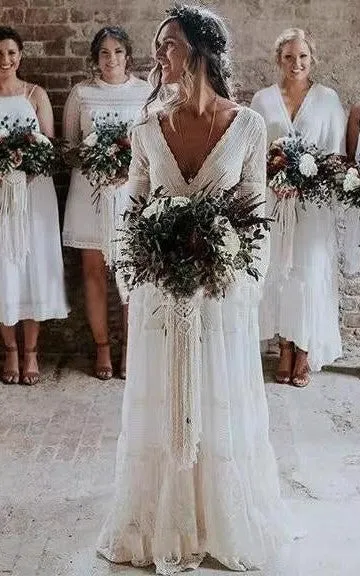 A-Line V-neck Lace Wedding Dress Casual Sexy Bohemian Adorable Beach Country Garden With Deep-V Back And Illusion Long Sleeves-716747