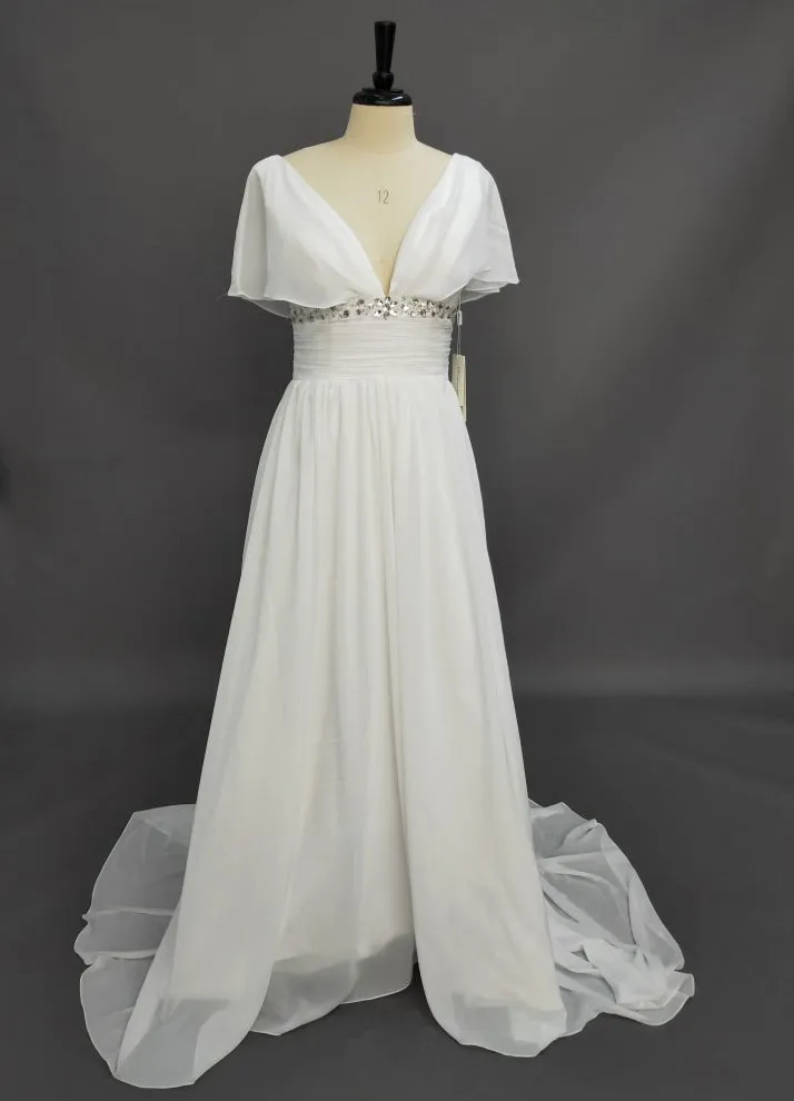 A-line V-neck Short Sleeves Beading Sweep Train Chiffon Beach Wedding Dress