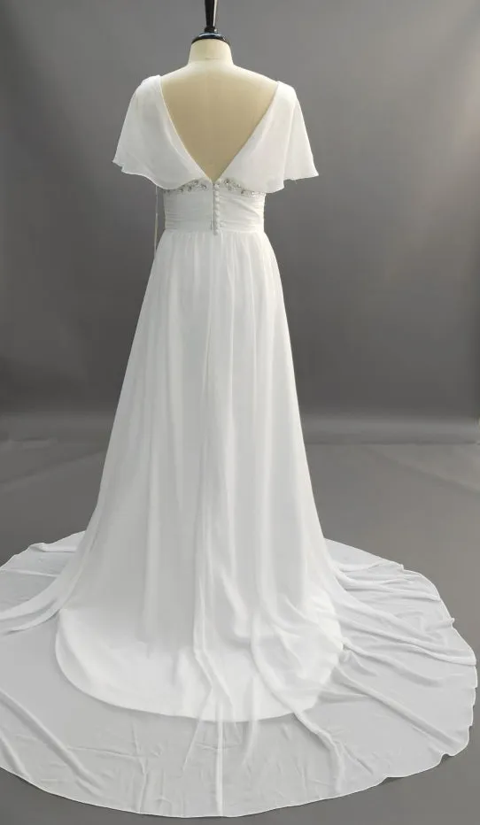 A-line V-neck Short Sleeves Beading Sweep Train Chiffon Beach Wedding Dress