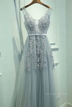 A Line V Neck Silver Gray Lace Prom Dresses, Grey Lace Formal Evening Dresses