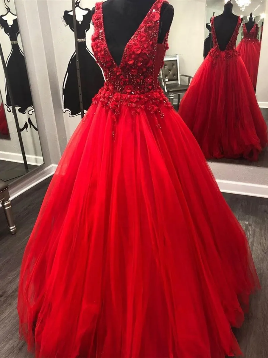 A-line V-neck Tulle Lace Long Prom Dresses Red Open Back Formal Evening Gowns