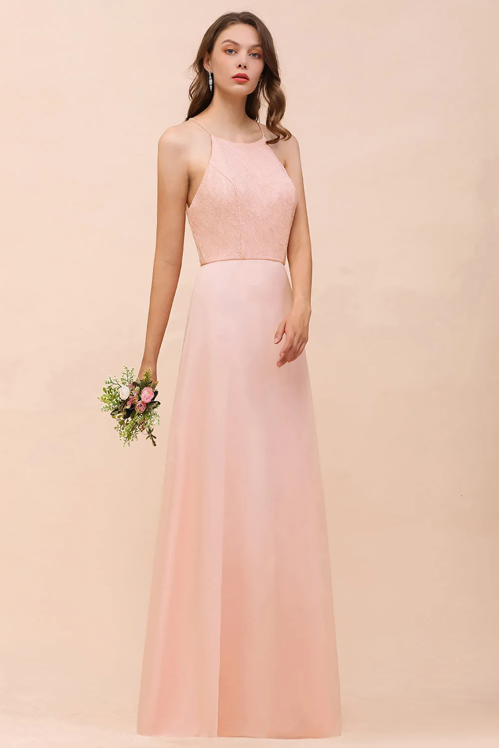 Affordable Shealth Spaghetti Straps Chiffon Long Bridesmaid Dress with Lace