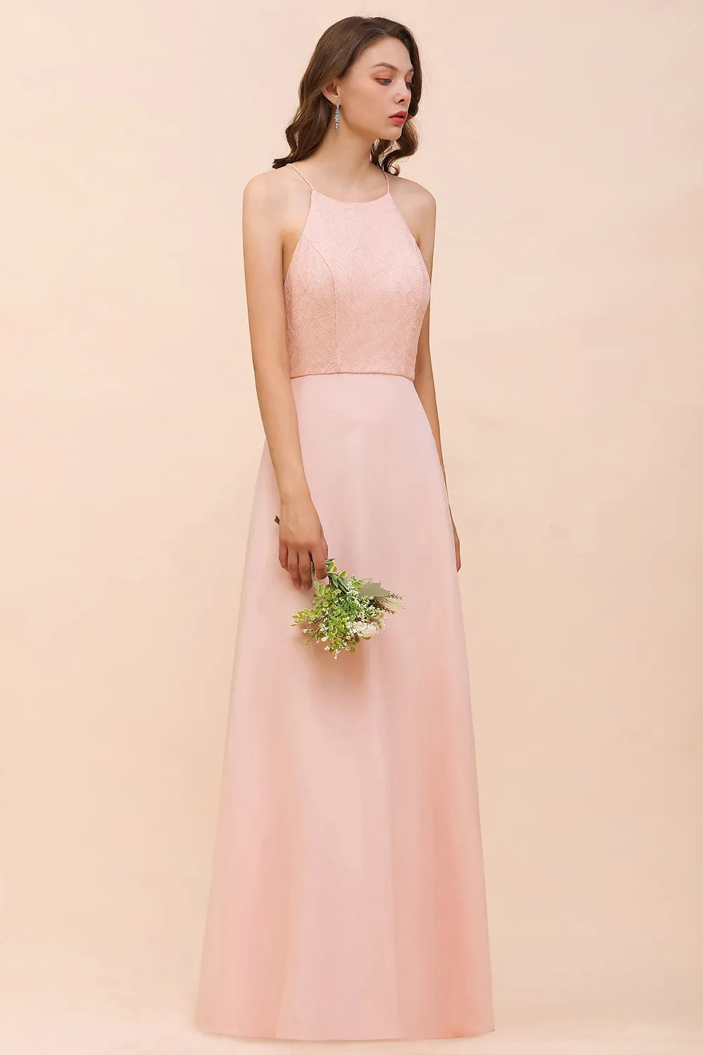 Affordable Shealth Spaghetti Straps Chiffon Long Bridesmaid Dress with Lace