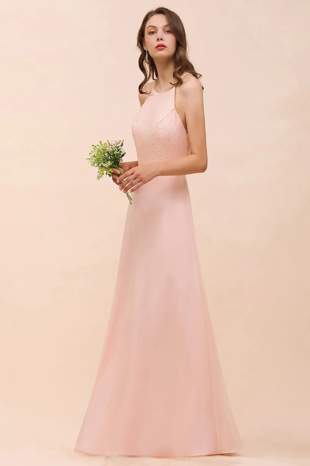 Affordable Shealth Spaghetti Straps Chiffon Long Bridesmaid Dress with Lace