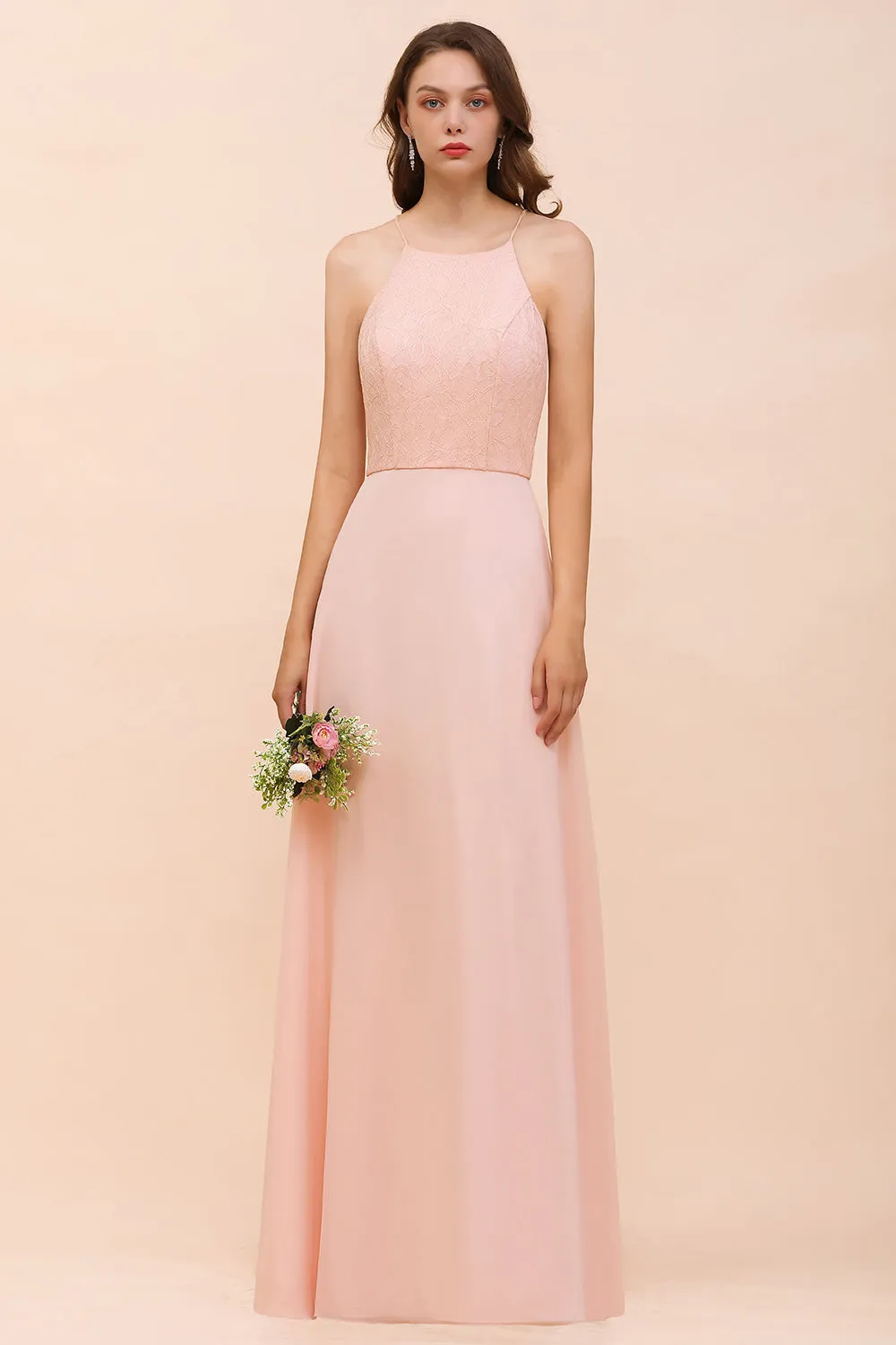 Affordable Shealth Spaghetti Straps Chiffon Long Bridesmaid Dress with Lace