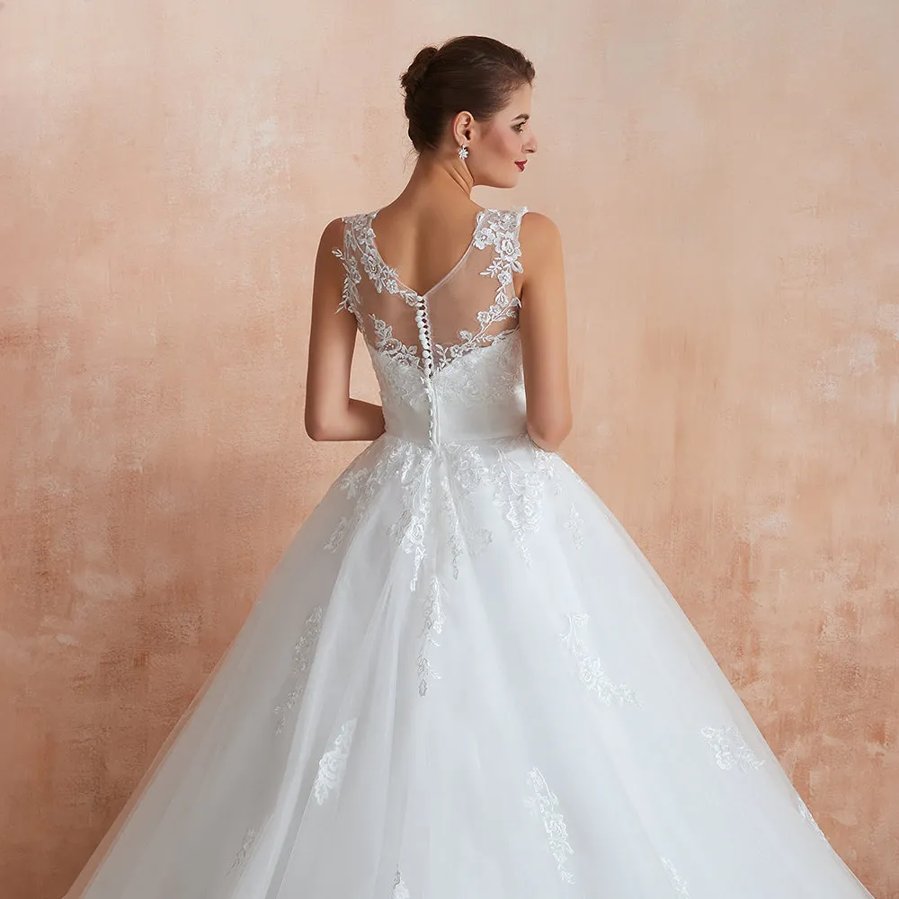 Amazing Long A-line Appliques Lace Tulle Wedding Dress