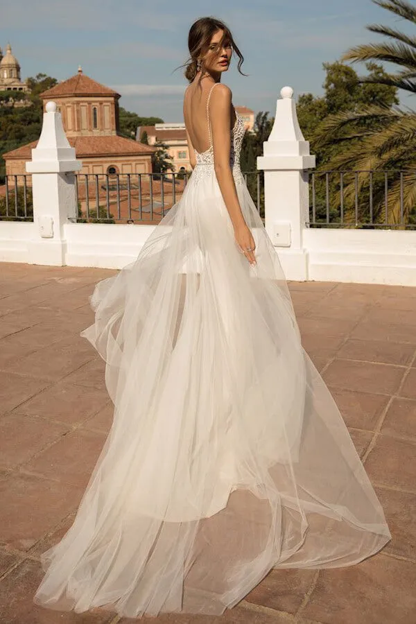 Amazing Long Mermaid Chapel Train Tulle Open Back Wedding Dress