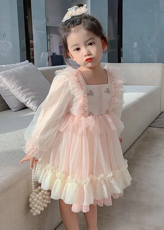 Art Pink Square Collar Embroideried Tulle Girls Long Dresses Long Sleeve XZ002