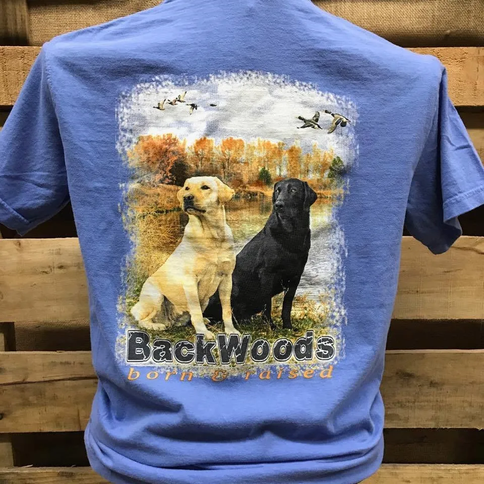 Backwoods Born & Raised Lab Dog Flying Ducks Comfort Colors Bright Unisex T Shirt