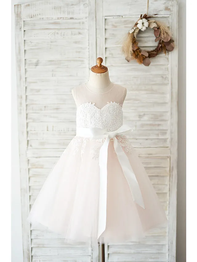 Ball Gown Tulle Sleeveless Jewel Neck Wedding Party Flower Girl Dresses