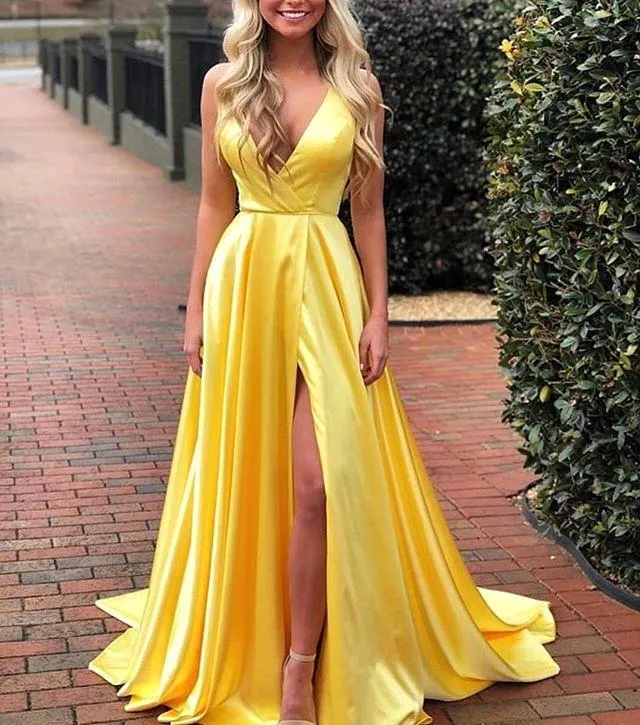 Beautiful A-line V-neck Stretch Satin Backless Long Prom Dress with Slit