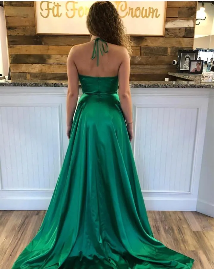 Beautiful A-line V-neck Stretch Satin Backless Long Prom Dress with Slit