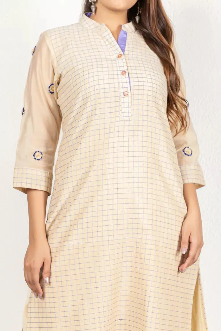 Beige & Purple Chanderi Woven Checked Kurta