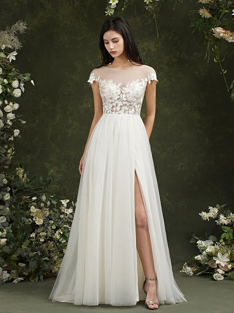 Biztunnel Long A-line Sweetheart Chiffon Lace Wedding Dresses with slit