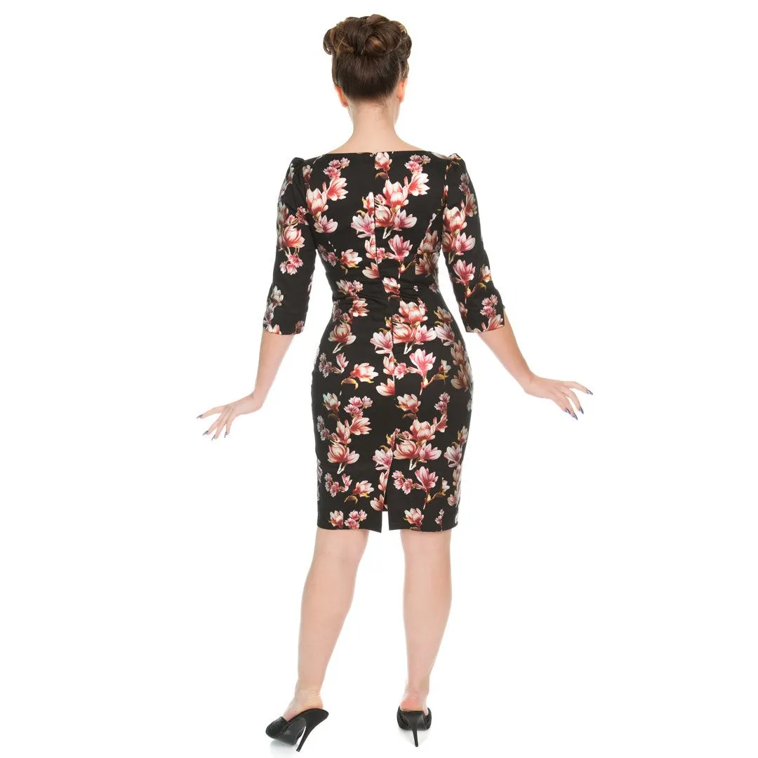 Black And Metallic Magnolia Print 3/4 Sleeve 50s Wiggle Dress