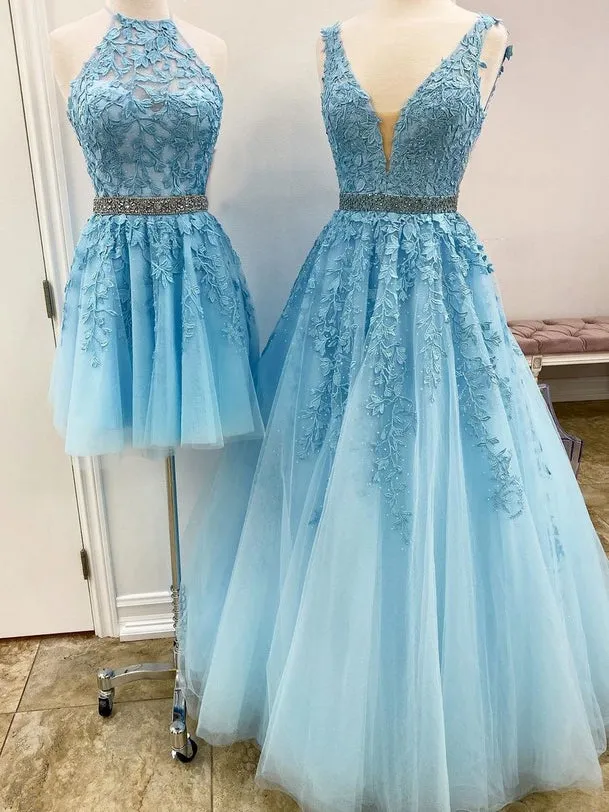 Blue Lace Beaded Prom Dresses, Beaded Belt Prom Dresses, 2020 Prom Dresses, A-line Prom Dresses