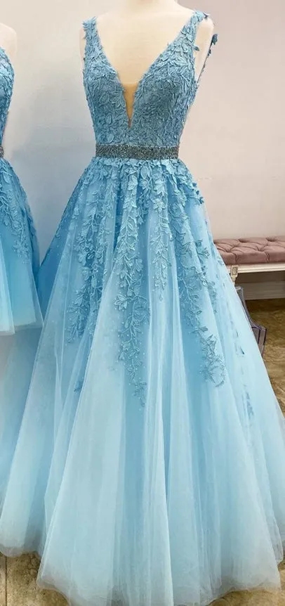 Blue Lace Beaded Prom Dresses, Beaded Belt Prom Dresses, 2020 Prom Dresses, A-line Prom Dresses