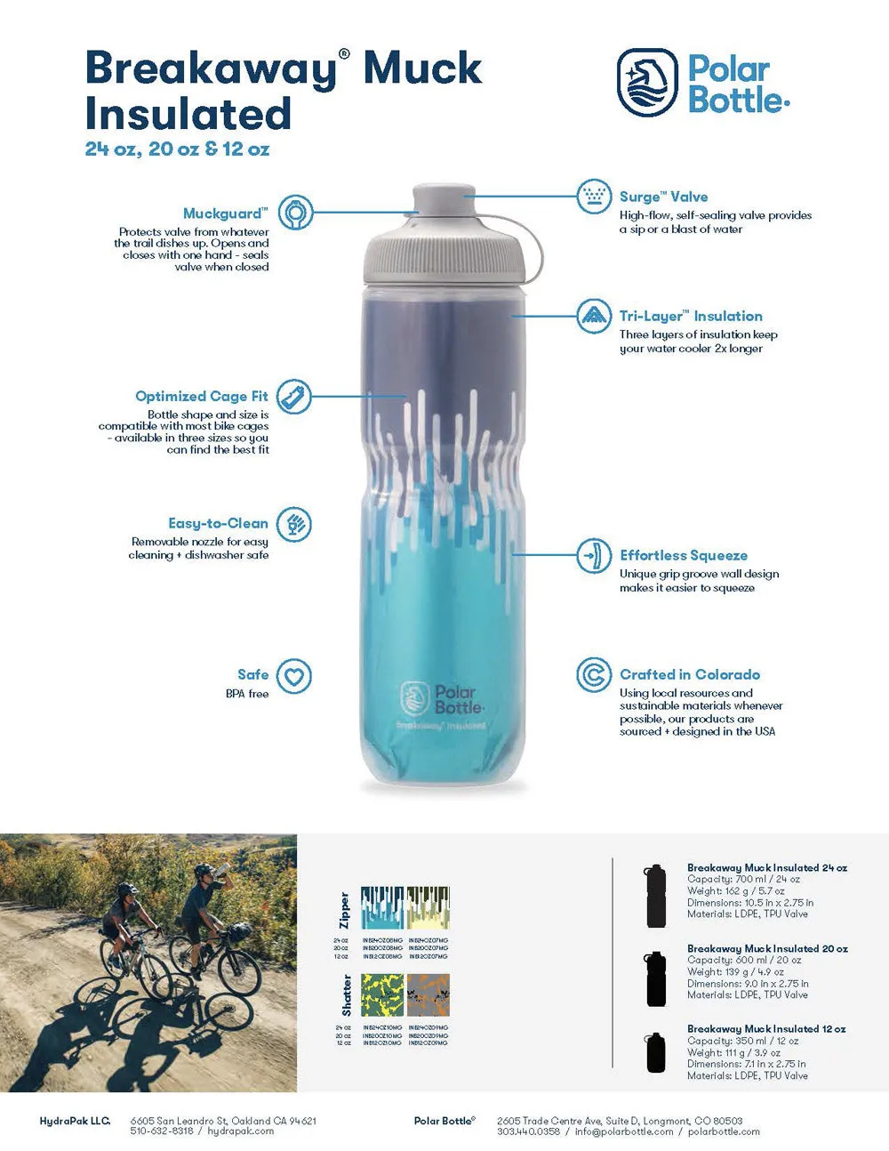 Breakaway Muck Insulated Cyclist Mountain Bikers Water Bottle 20 oz Zipper Moss/Desert by Polar Bottle Made in USA