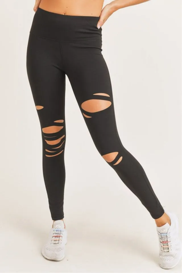 {BRONX 2.0} Black Distressed Laser-Cut Highwaist Leggings