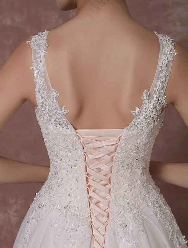 Champagne Lace Wedding Dress Backless Bridal Gown Floor-Length A-Line Beading Luxury Bridal Dress