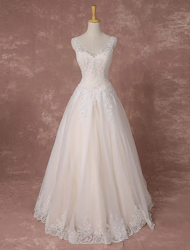 Champagne Lace Wedding Dress Backless Bridal Gown Floor-Length A-Line Beading Luxury Bridal Dress