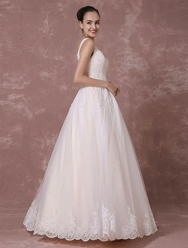 Champagne Lace Wedding Dress Backless Bridal Gown Floor-Length A-Line Beading Luxury Bridal Dress