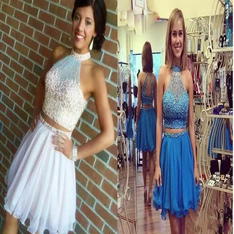 Charming Two Pieces Bare-midriff Rhinestones Sparkly Halter Pink Cute Homecoming Dresses, CM0013