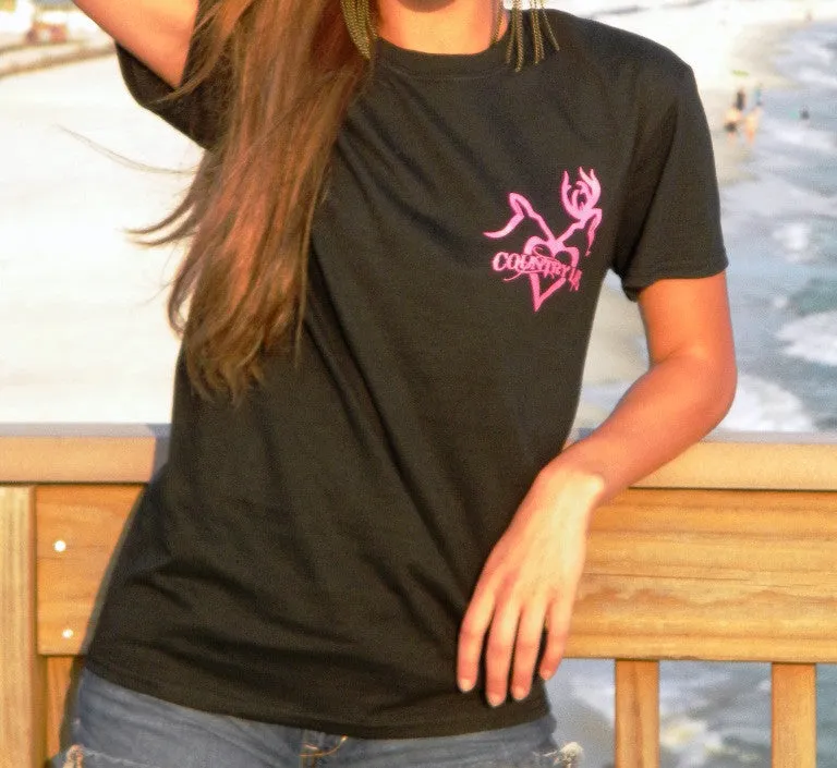 Country Life Outfitters Black & Pink Deer Kiss Heart Love Hunt Vintage Bright T Shirt