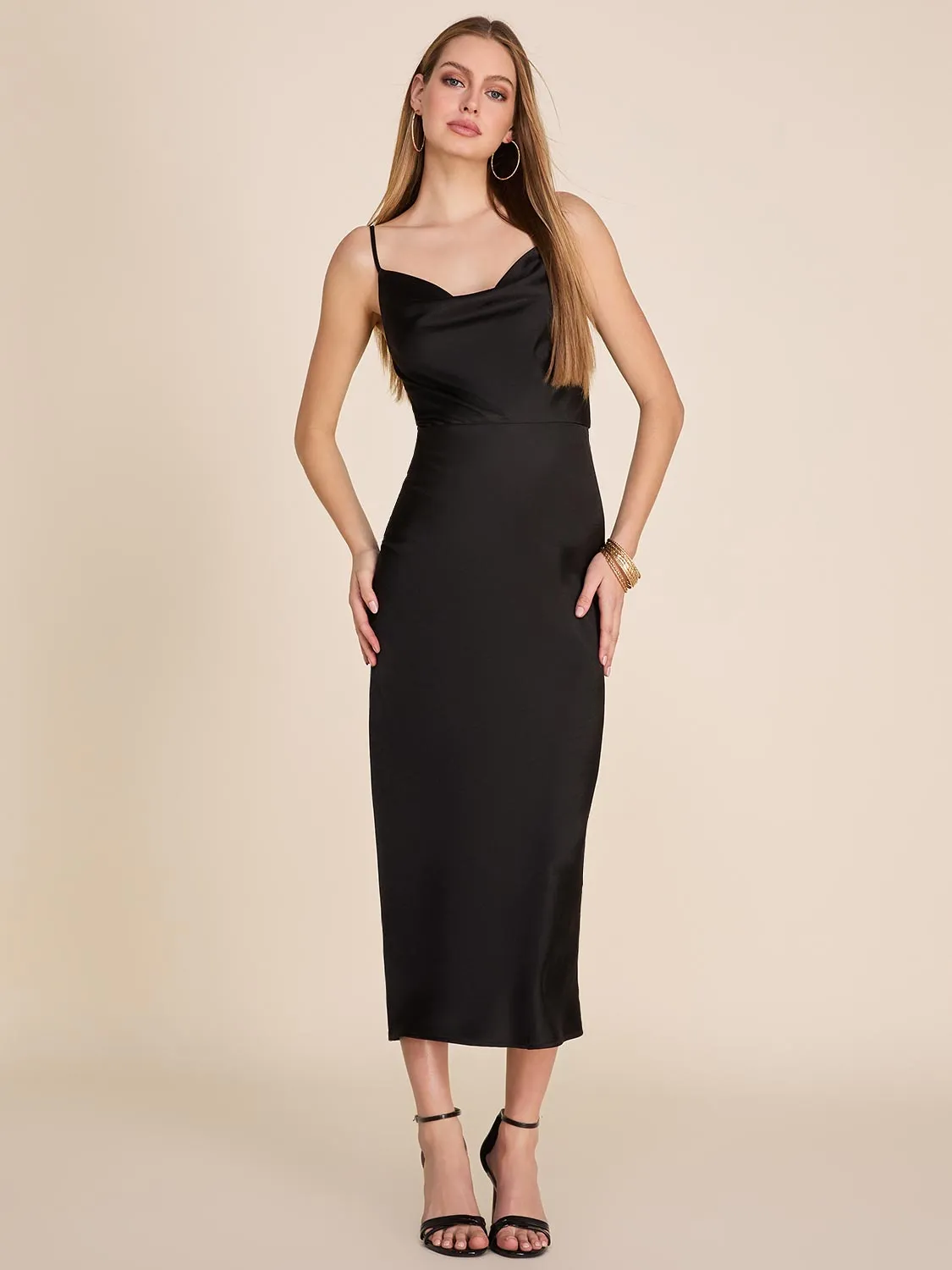 Cowl Neck Satin Midi Dress