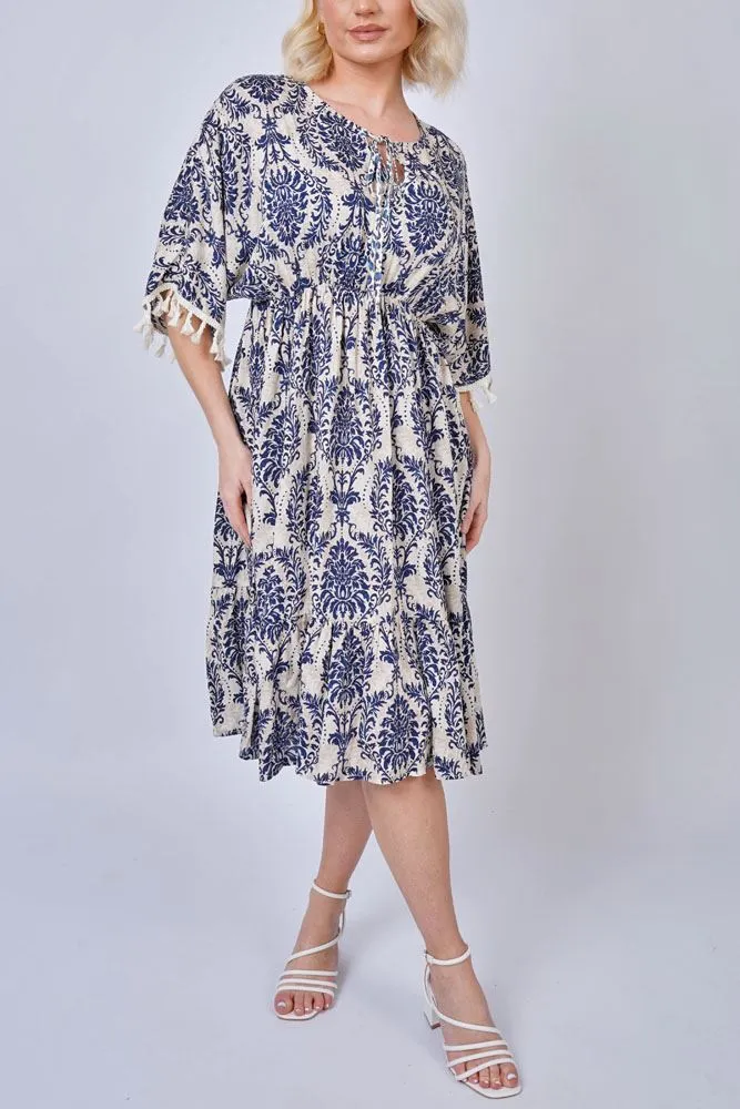 Damask Print Tassel Lace Sleeve Hem Dress