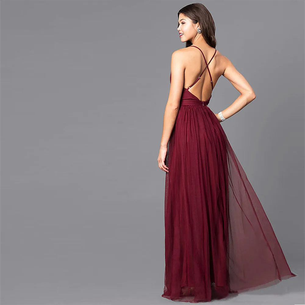 Deep V Veck Backless Chiffon Maxi Dress