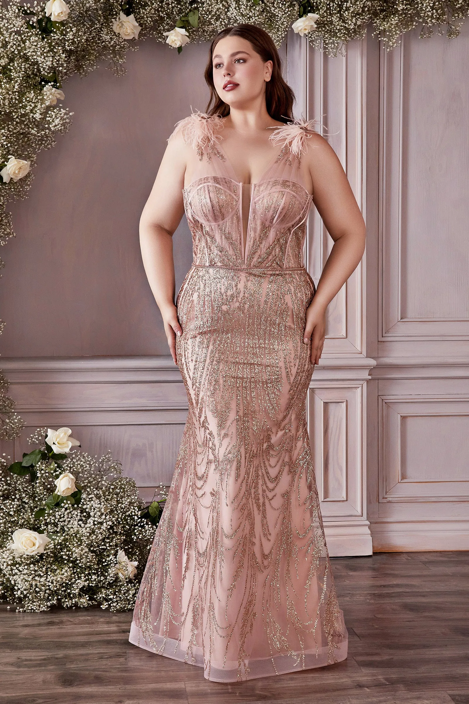 Divine | Fitted Glitter & Feather Gown | LaDivine CB087