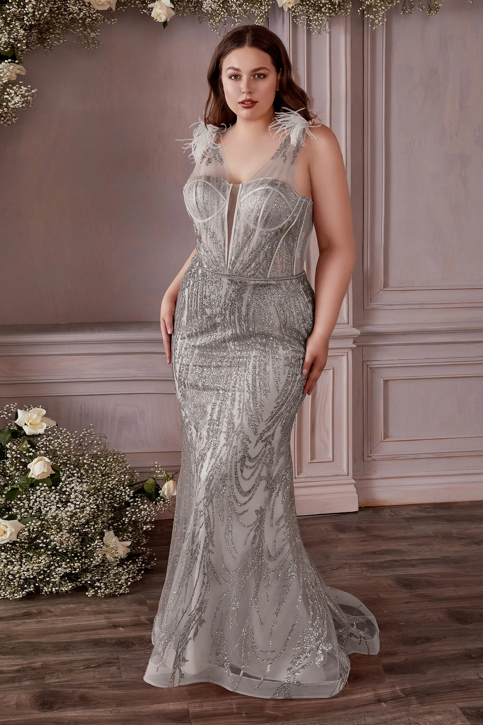 Divine | Fitted Glitter & Feather Gown | LaDivine CB087