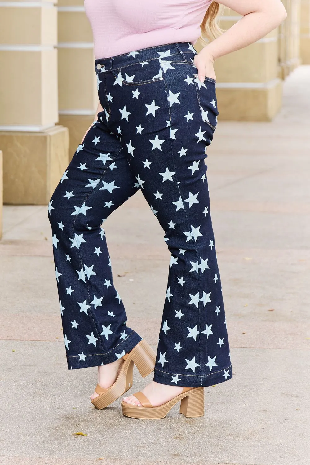 High Waist Star Print Flare Jeans