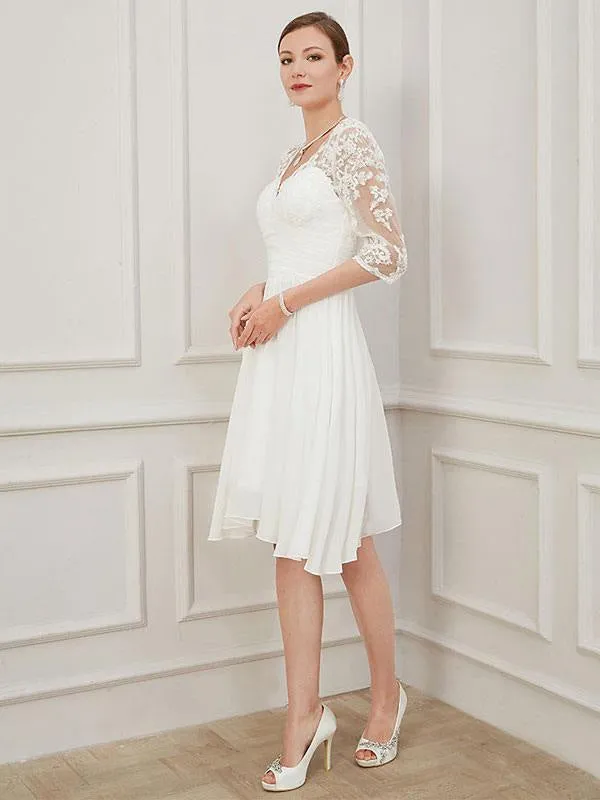 Ivory Short Wedding Dress Knee Length V Neck Half Sleeves A Line Natural Waist Chiffon Bridal Dresses