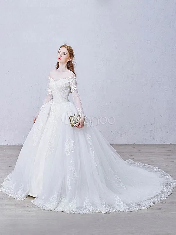 Lace Wedding Dress Princess Bridal Dress White Off The Shoulder Applique Illusion Heart Back Design Luxury Bridal Gown With Cathedral Train