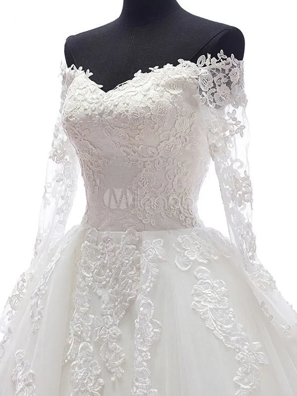 Lace Wedding Dress Princess Bridal Dress White Off The Shoulder Applique Illusion Heart Back Design Luxury Bridal Gown With Cathedral Train