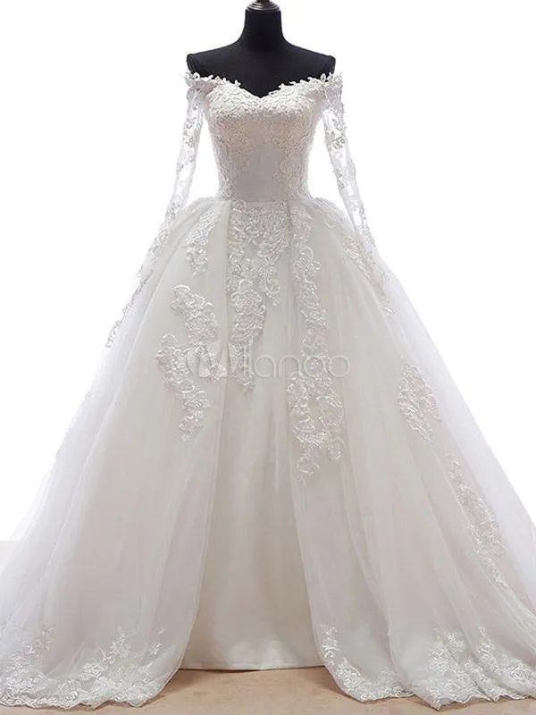 Lace Wedding Dress Princess Bridal Dress White Off The Shoulder Applique Illusion Heart Back Design Luxury Bridal Gown With Cathedral Train