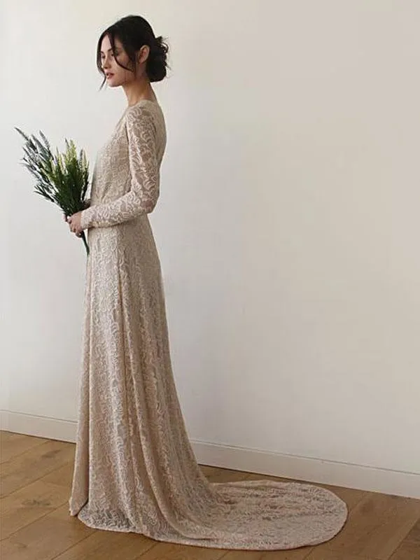 Lace Wedding Dress With Train A-Line Long Sleeves V-Neck Ivory Bridal Gowns