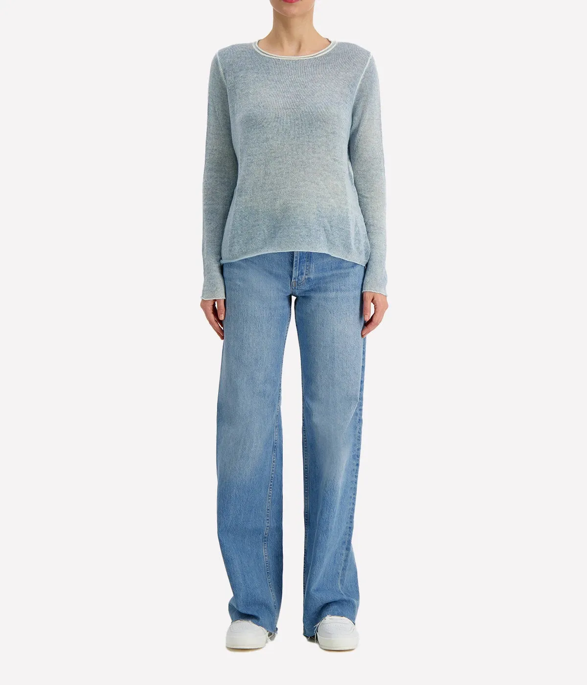 Light Cashmere Off Gauge Round Neck Pullover in Water