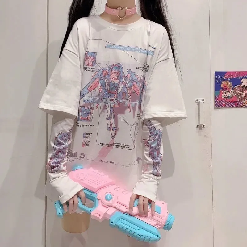 Long E-Girl Shirt With Split Sleeves And Anime Print