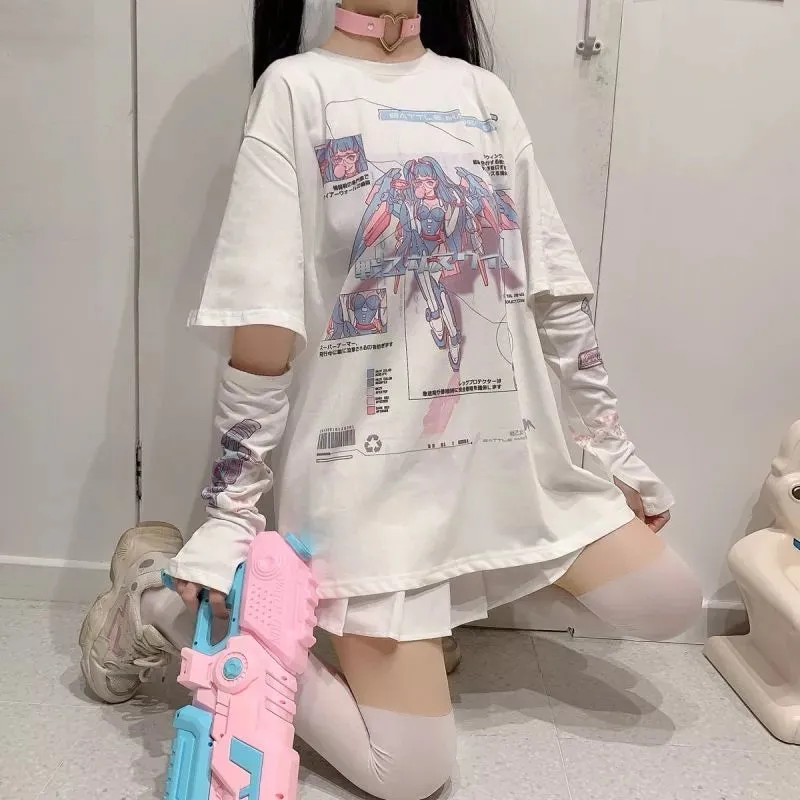 Long E-Girl Shirt With Split Sleeves And Anime Print