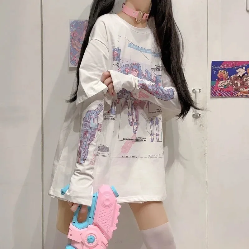 Long E-Girl Shirt With Split Sleeves And Anime Print